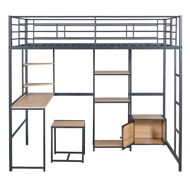 Full Size Metal Loft Bed with Desk and Stool