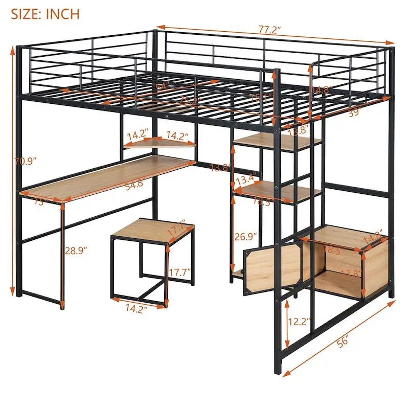 Full Size Metal Loft Bed with Desk and Stool